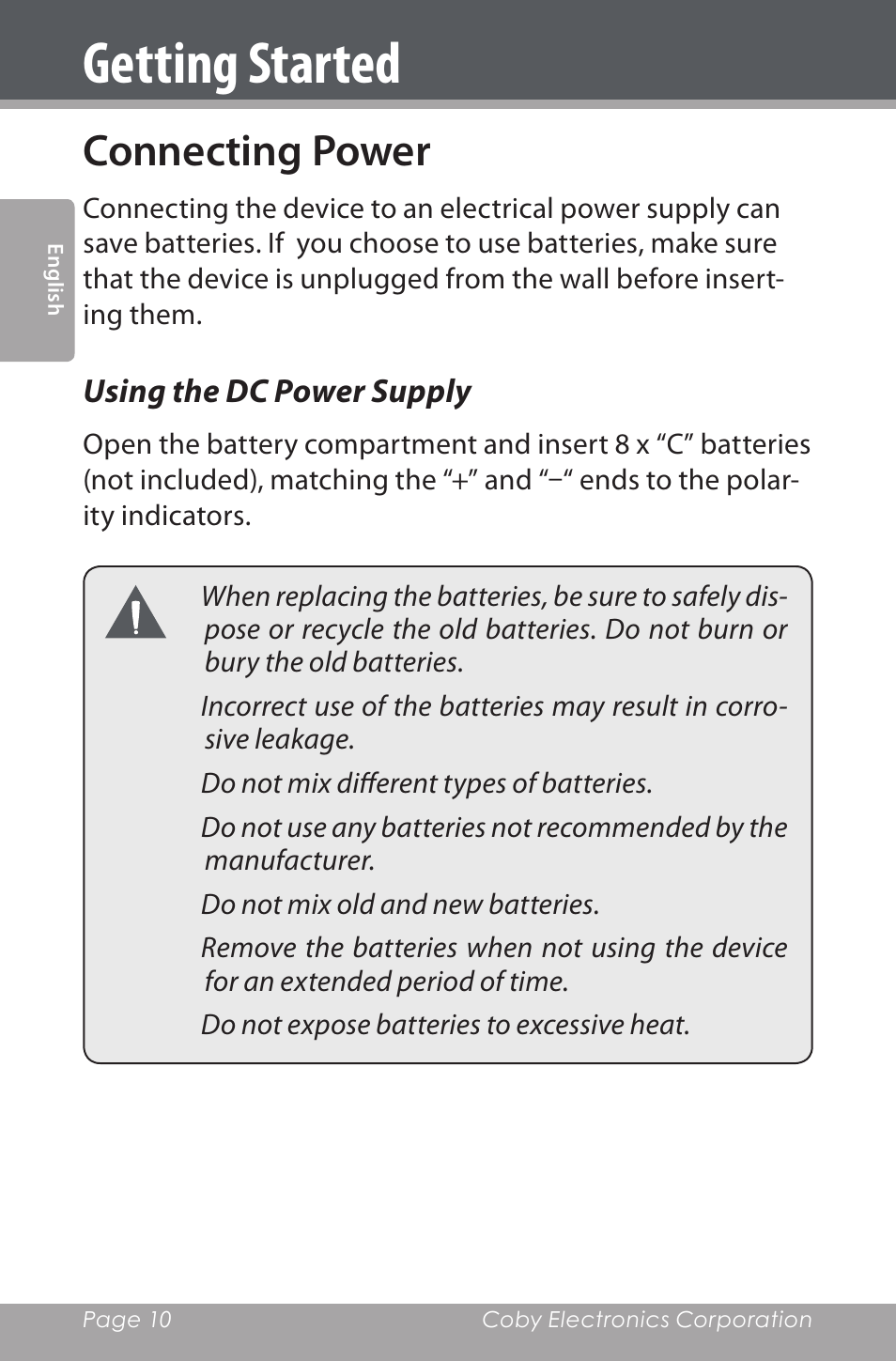 Connecting power, Using the dc power supply, Getting started | COBY electronic CSMP142 User Manual | Page 10 / 88