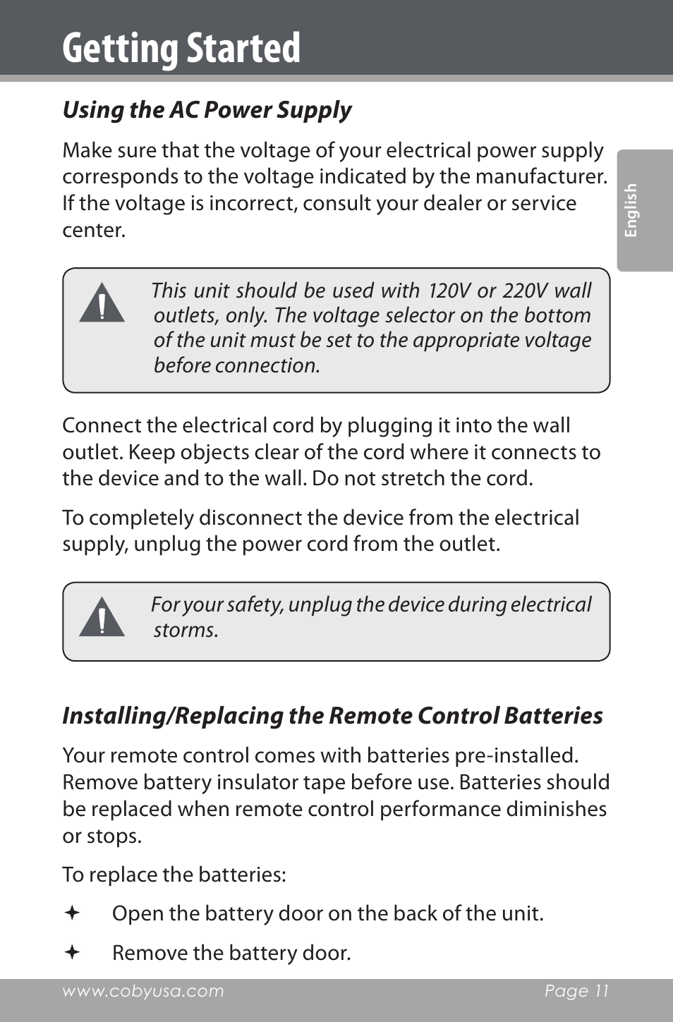 Using the ac power supply, Installing/replacing the remote control batteries, Getting started | COBY electronic CSMP142 User Manual | Page 11 / 88