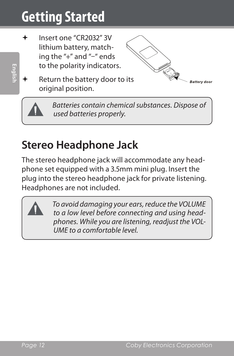 Stereo headphone jack, Getting started | COBY electronic CSMP142 User Manual | Page 12 / 88