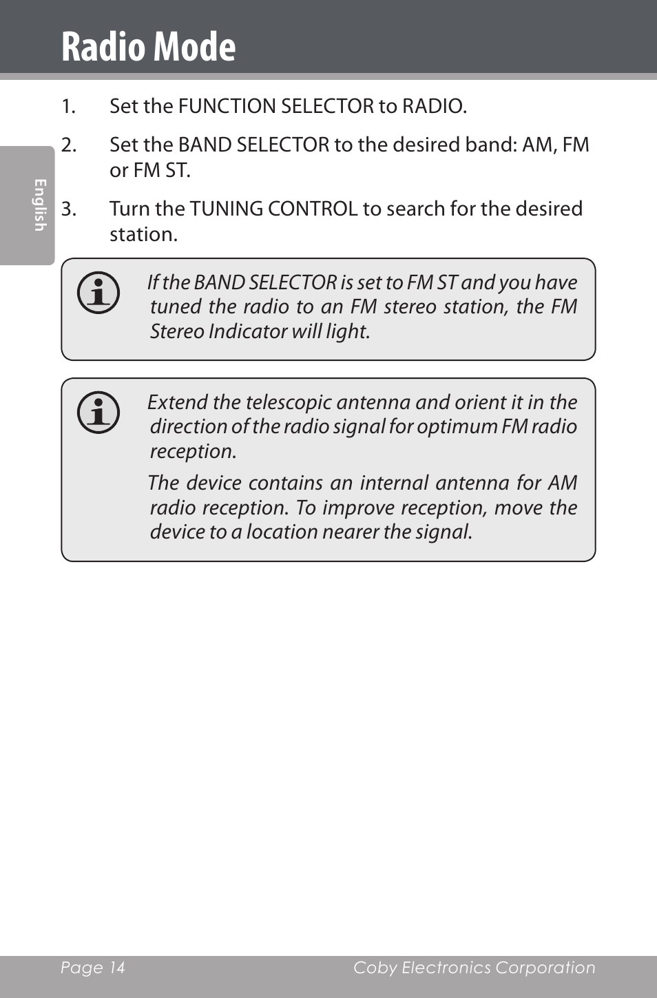 Radio mode | COBY electronic CSMP142 User Manual | Page 14 / 88