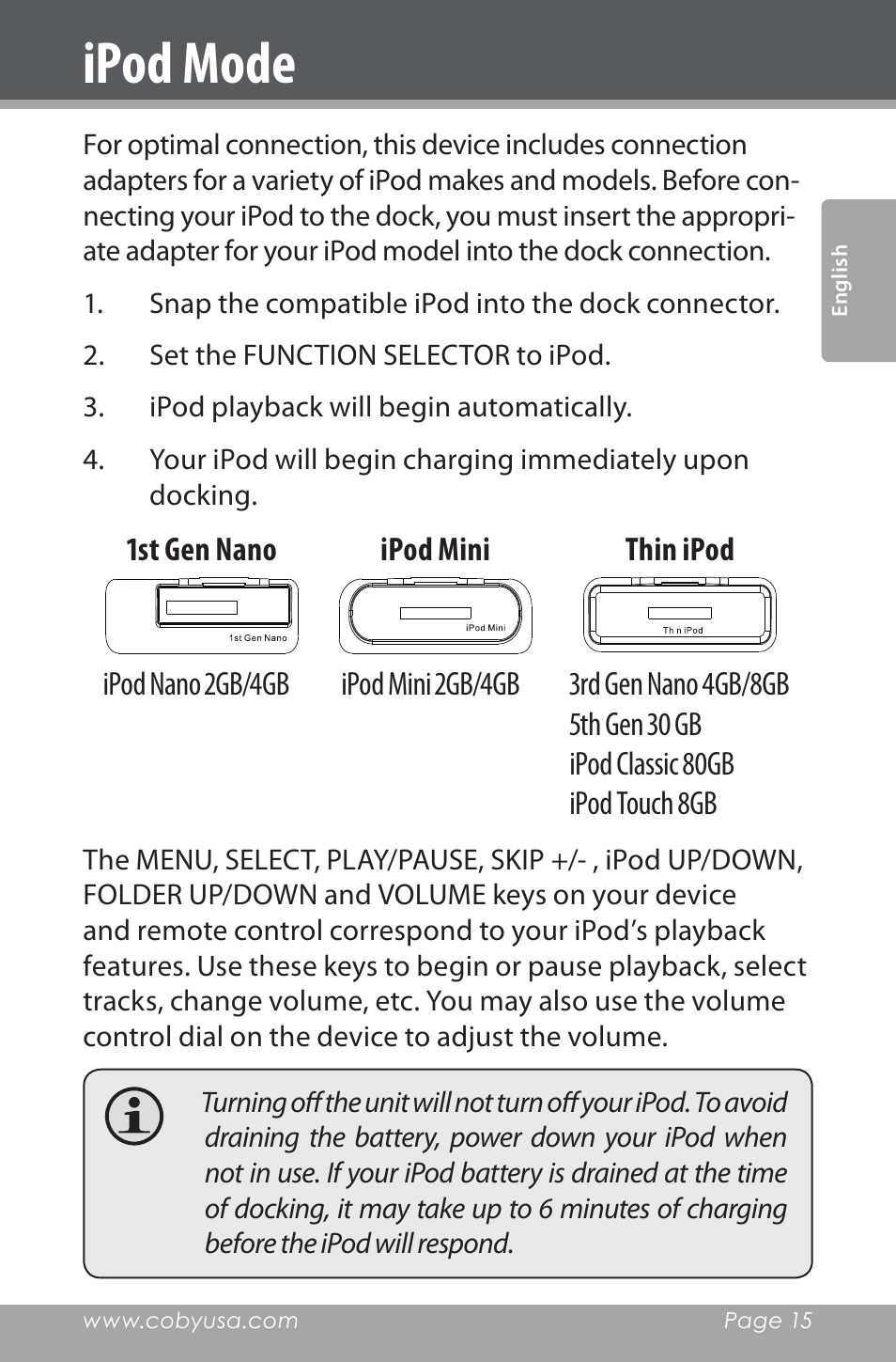 Ipod mode | COBY electronic CSMP142 User Manual | Page 15 / 88