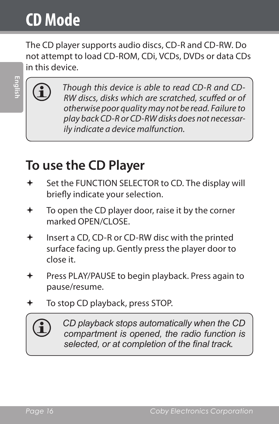 Cd mode, To use the cd player | COBY electronic CSMP142 User Manual | Page 16 / 88