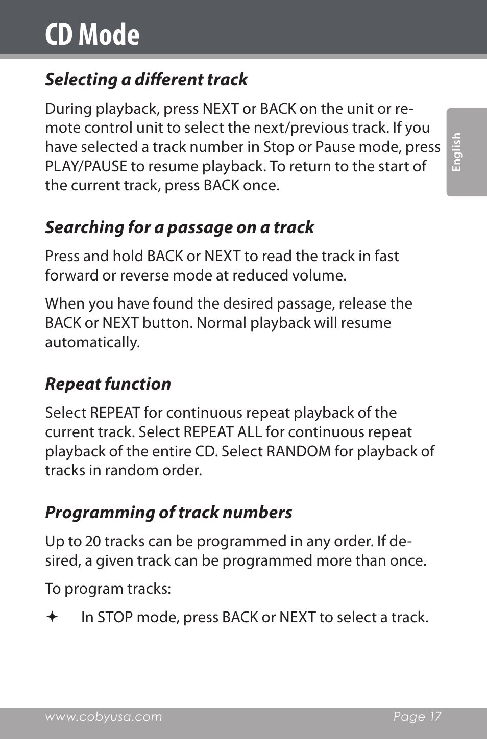 Selecting a different track, Searching for a passage on a track, Repeat function | Programming of track numbers, Cd mode | COBY electronic CSMP142 User Manual | Page 17 / 88