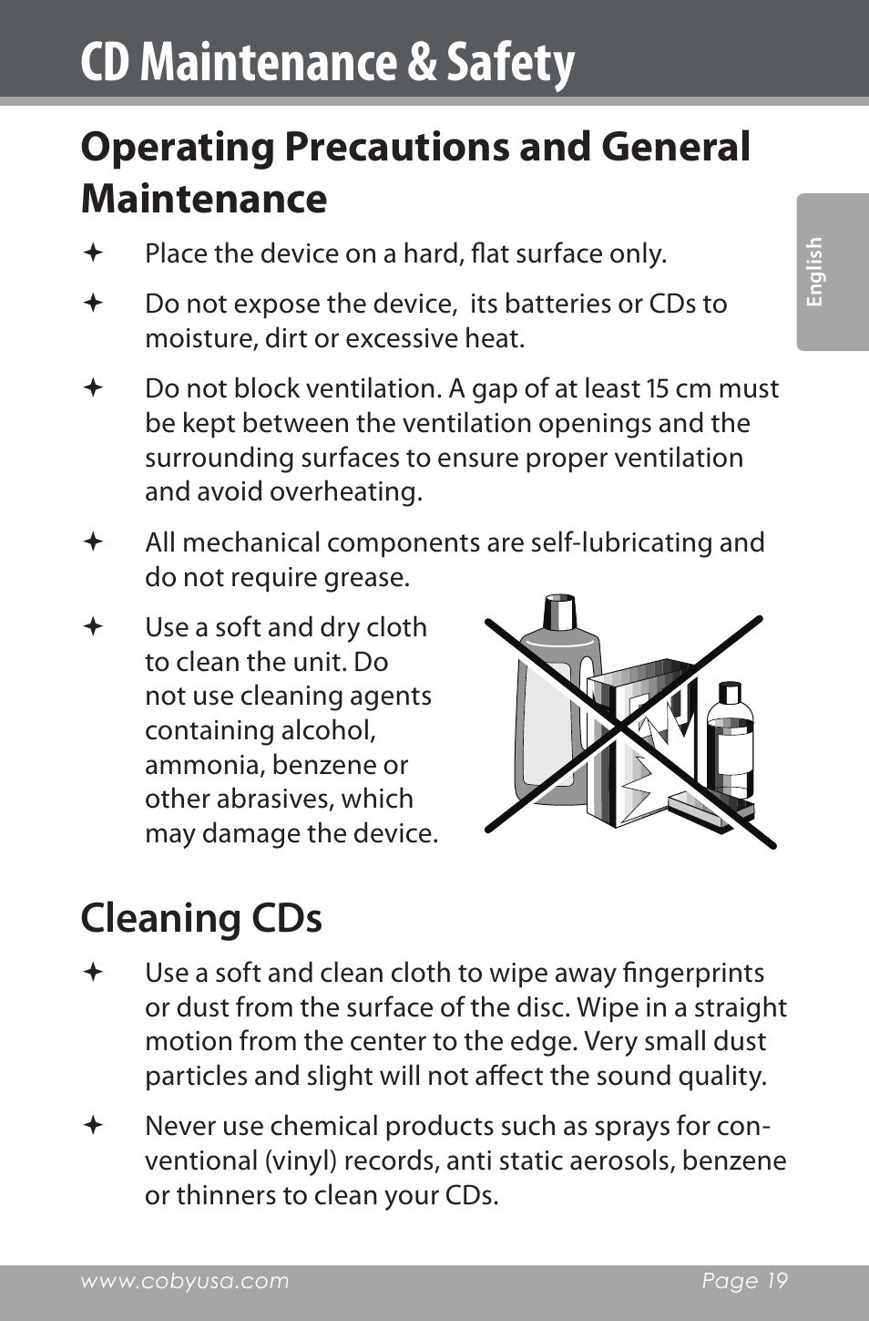 Cd maintenance & safety, Cleaning cds, Operating precautions and general maintenance | COBY electronic CSMP142 User Manual | Page 19 / 88