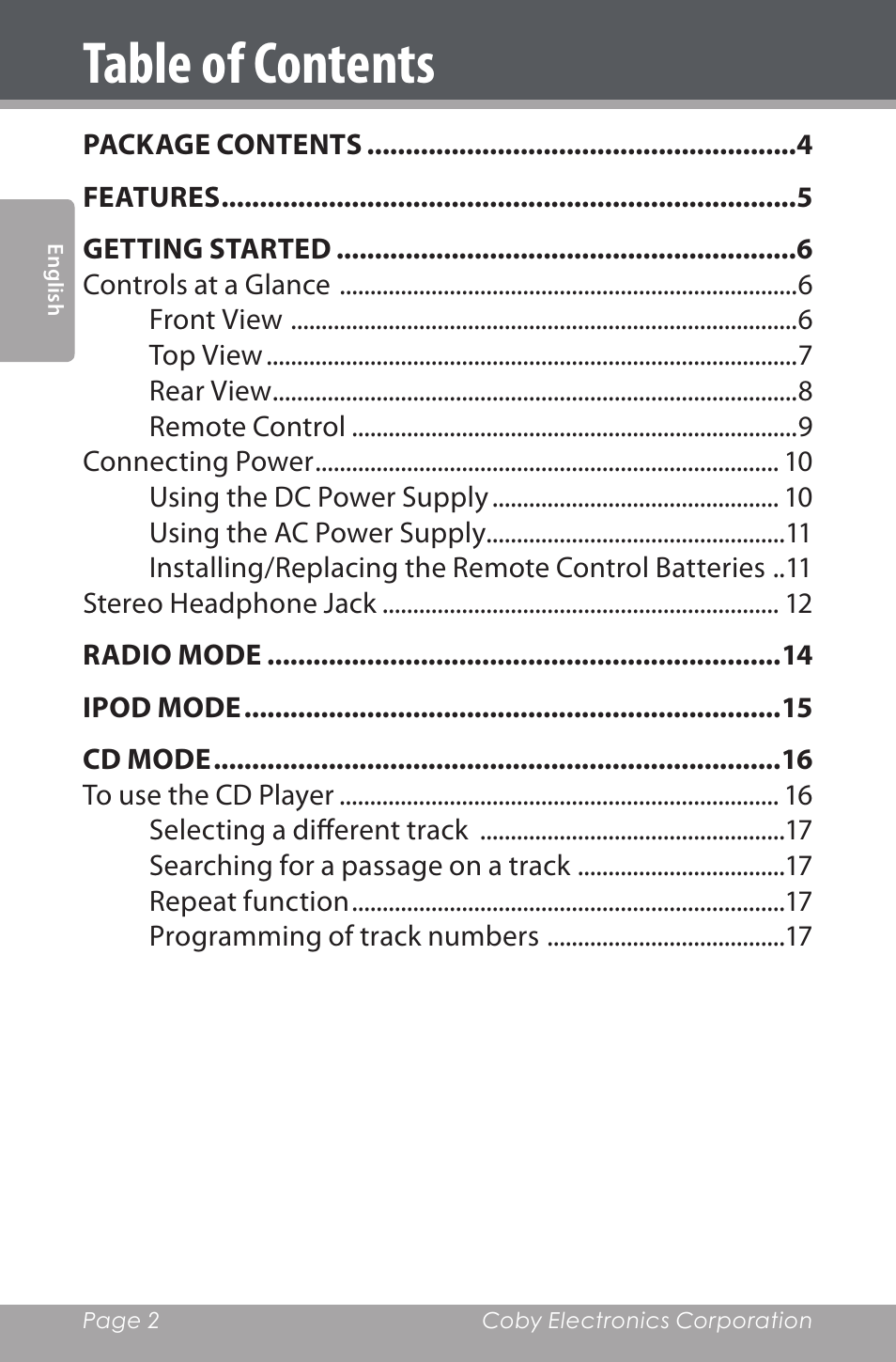 COBY electronic CSMP142 User Manual | Page 2 / 88