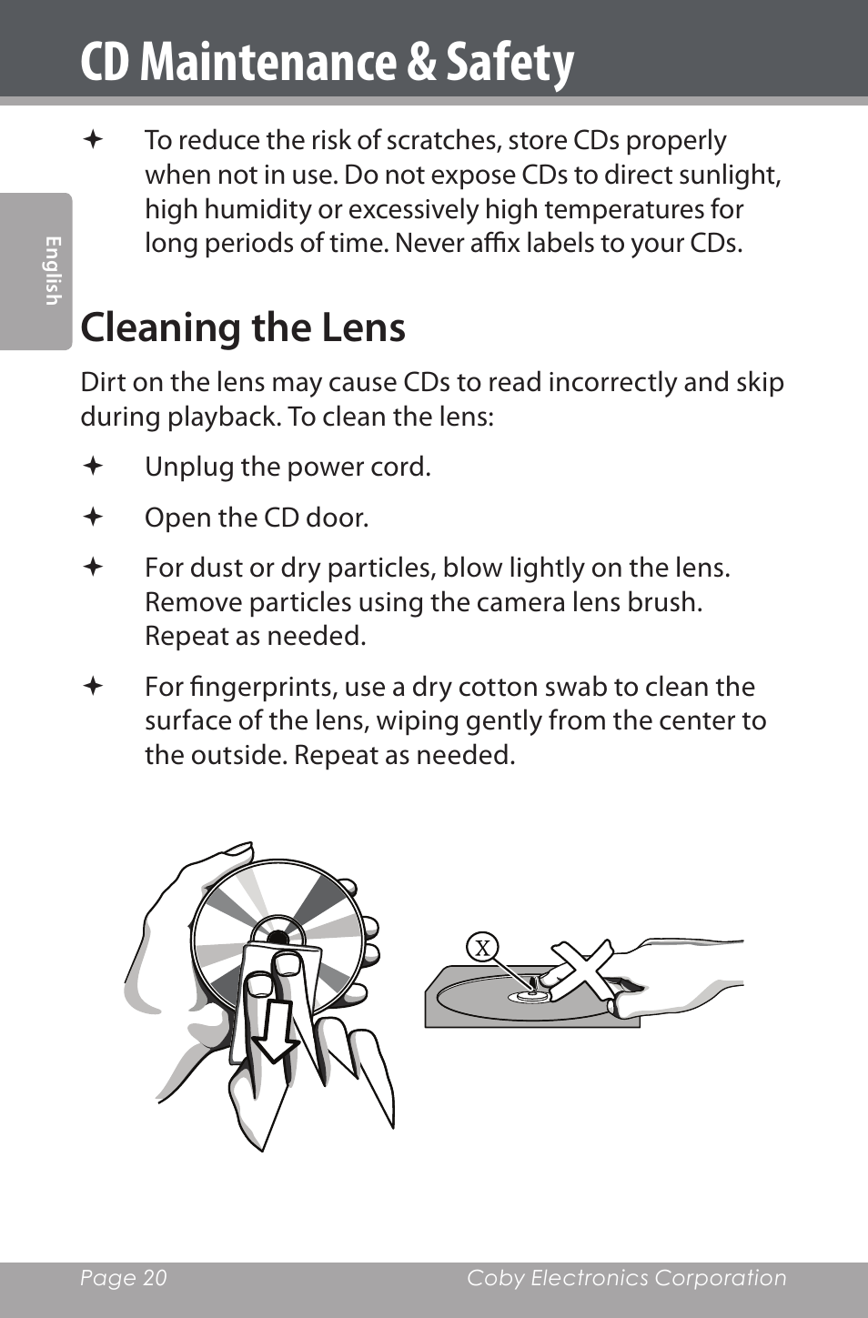 Cleaning the lens, Cd maintenance & safety | COBY electronic CSMP142 User Manual | Page 20 / 88