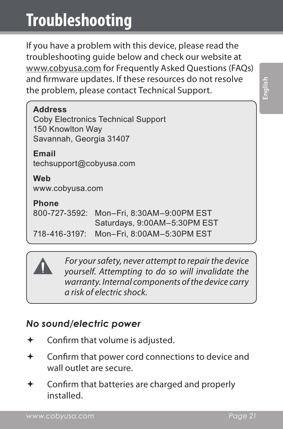 Troubleshooting | COBY electronic CSMP142 User Manual | Page 21 / 88