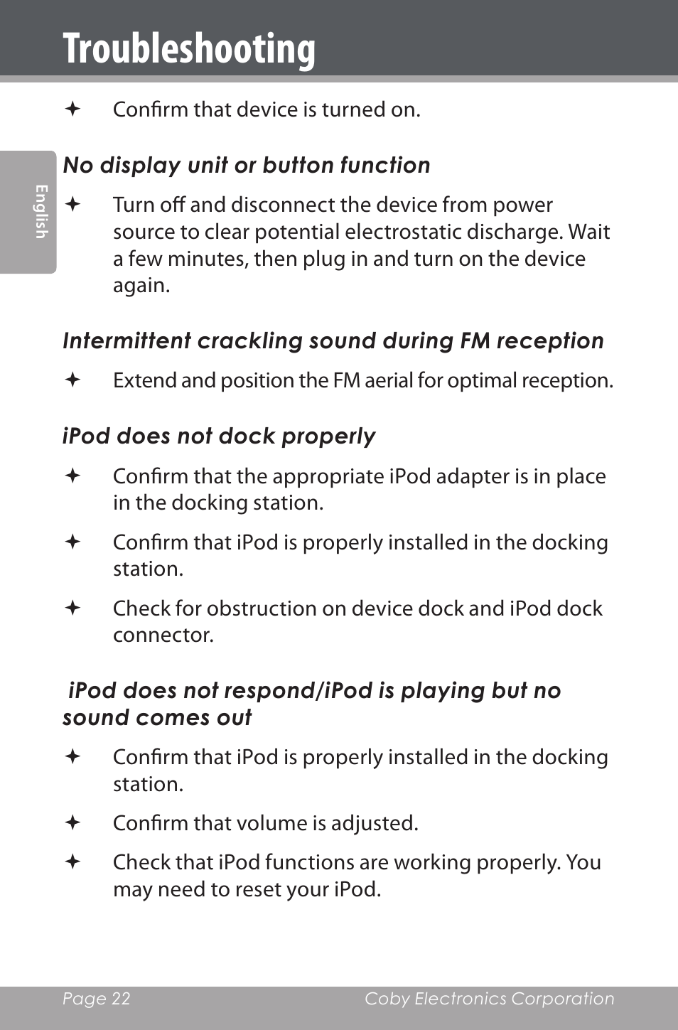 Troubleshooting | COBY electronic CSMP142 User Manual | Page 22 / 88