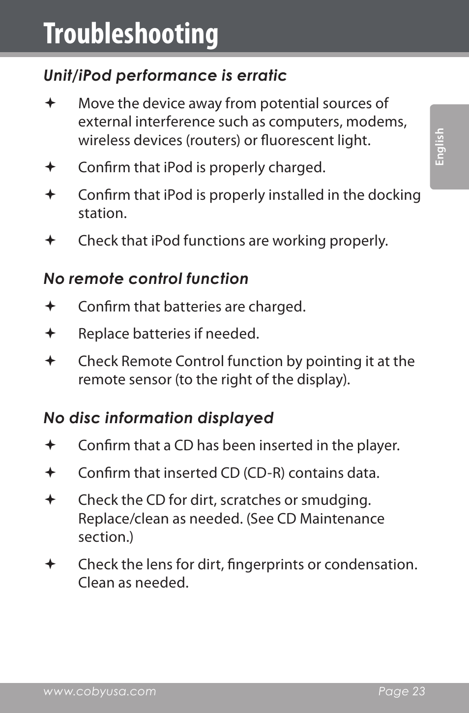 Troubleshooting | COBY electronic CSMP142 User Manual | Page 23 / 88