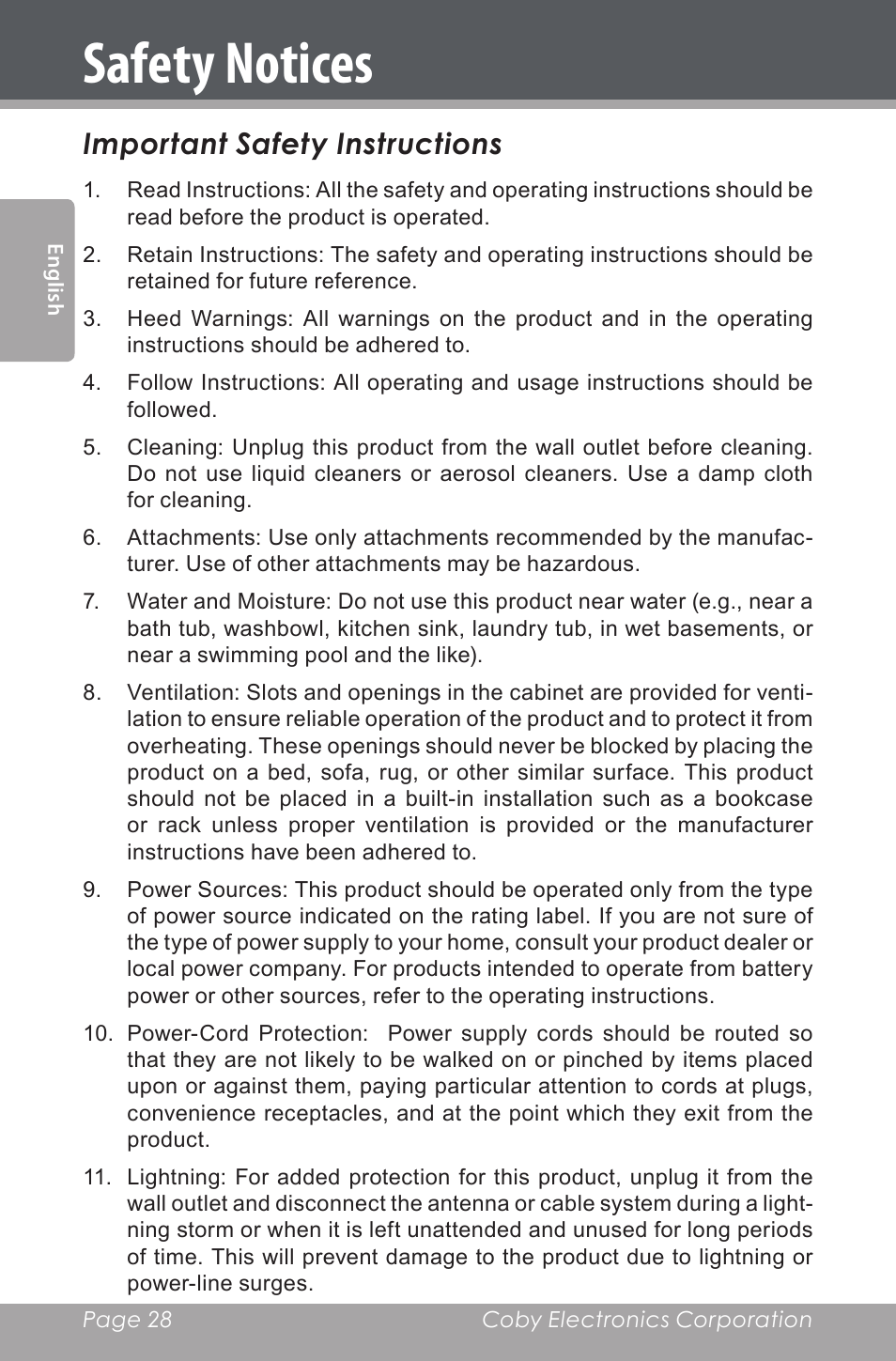 Safety notices, Important safety instructions | COBY electronic CSMP142 User Manual | Page 28 / 88