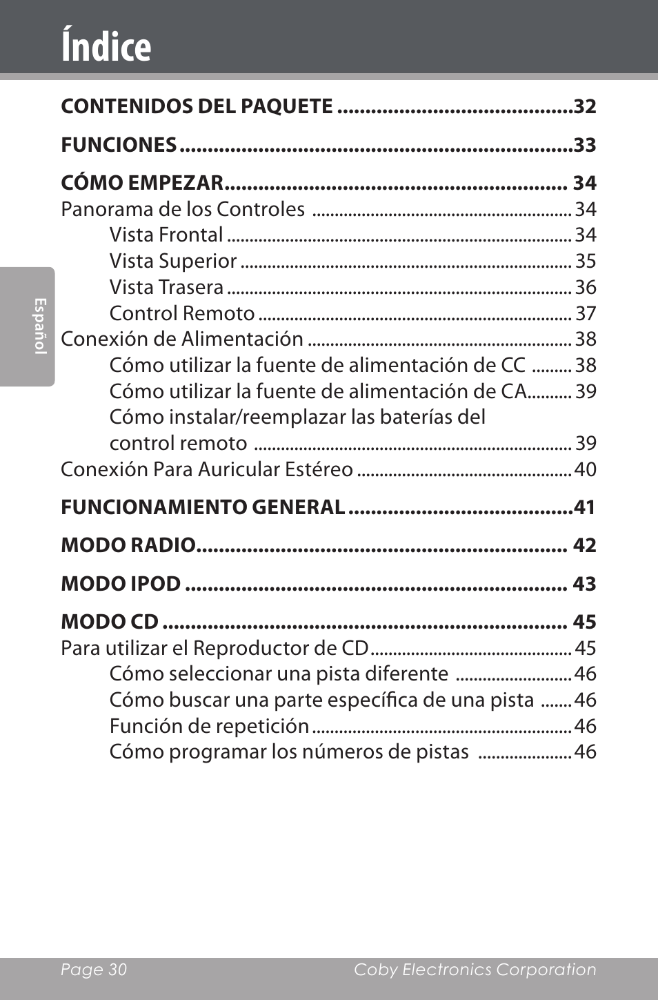 Índice | COBY electronic CSMP142 User Manual | Page 30 / 88