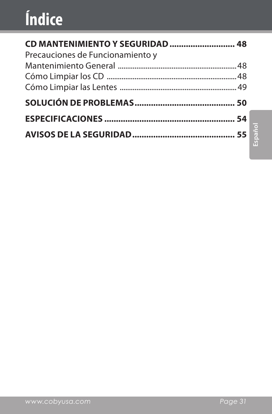 Índice | COBY electronic CSMP142 User Manual | Page 31 / 88