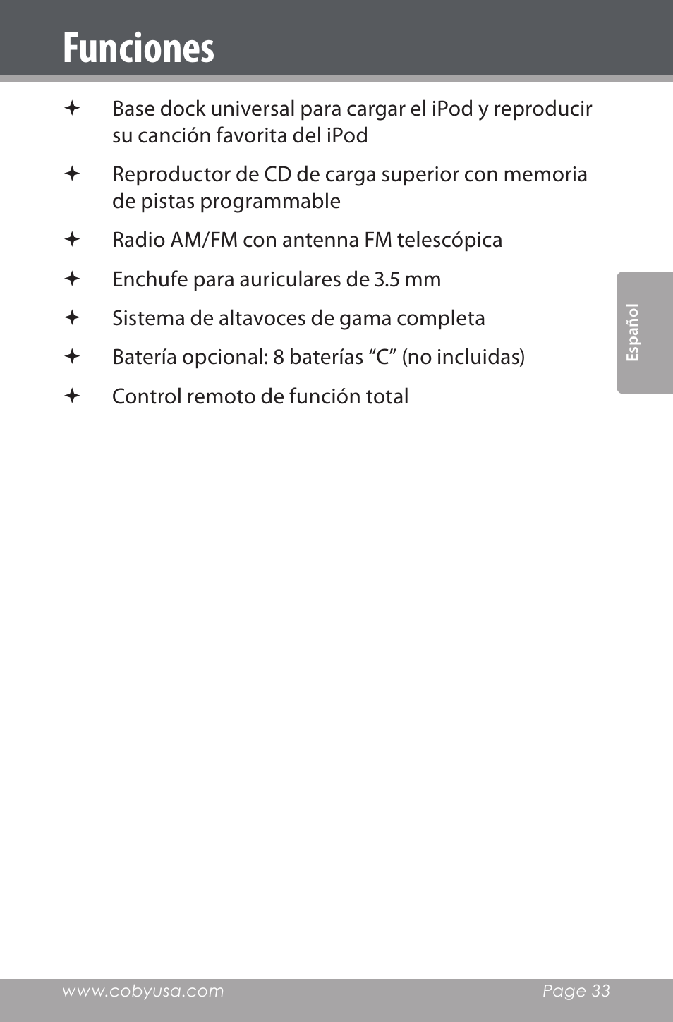 Funciones | COBY electronic CSMP142 User Manual | Page 33 / 88