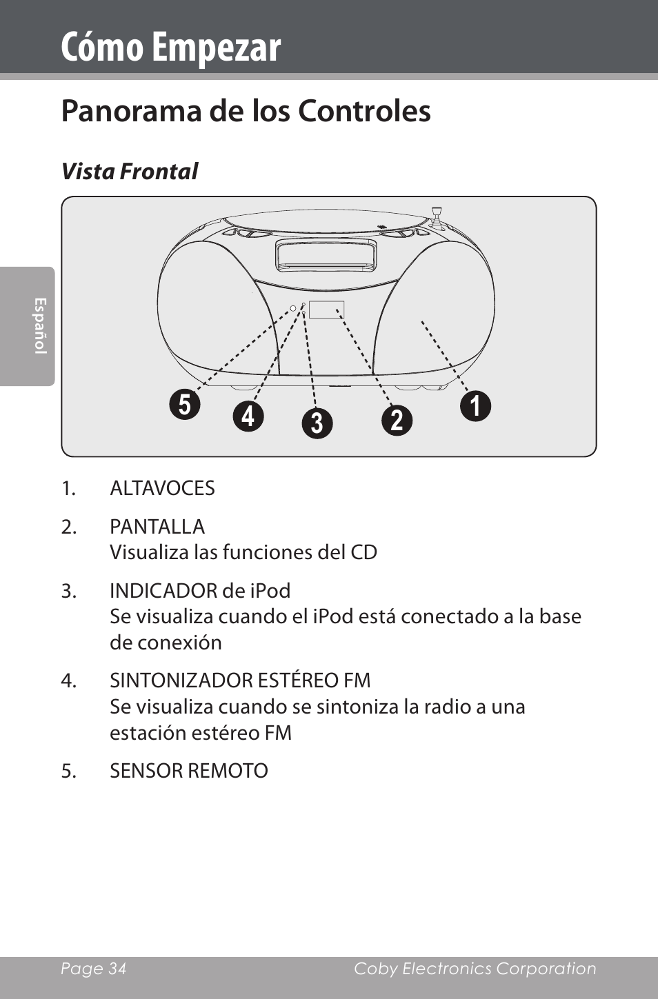 Cómo empezar, Panorama de los controles, Vista frontal | COBY electronic CSMP142 User Manual | Page 34 / 88