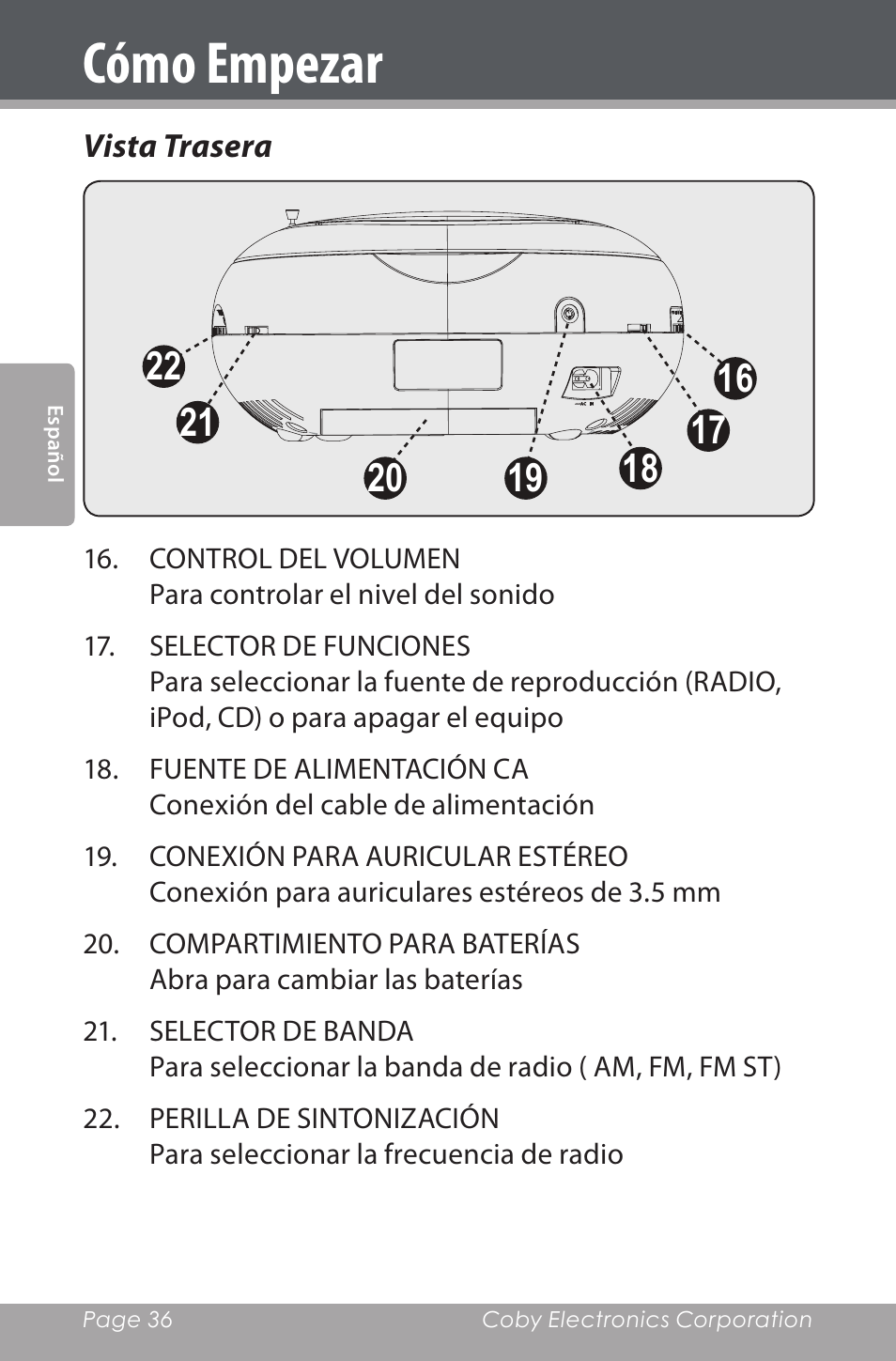 Vista trasera, Cómo empezar | COBY electronic CSMP142 User Manual | Page 36 / 88