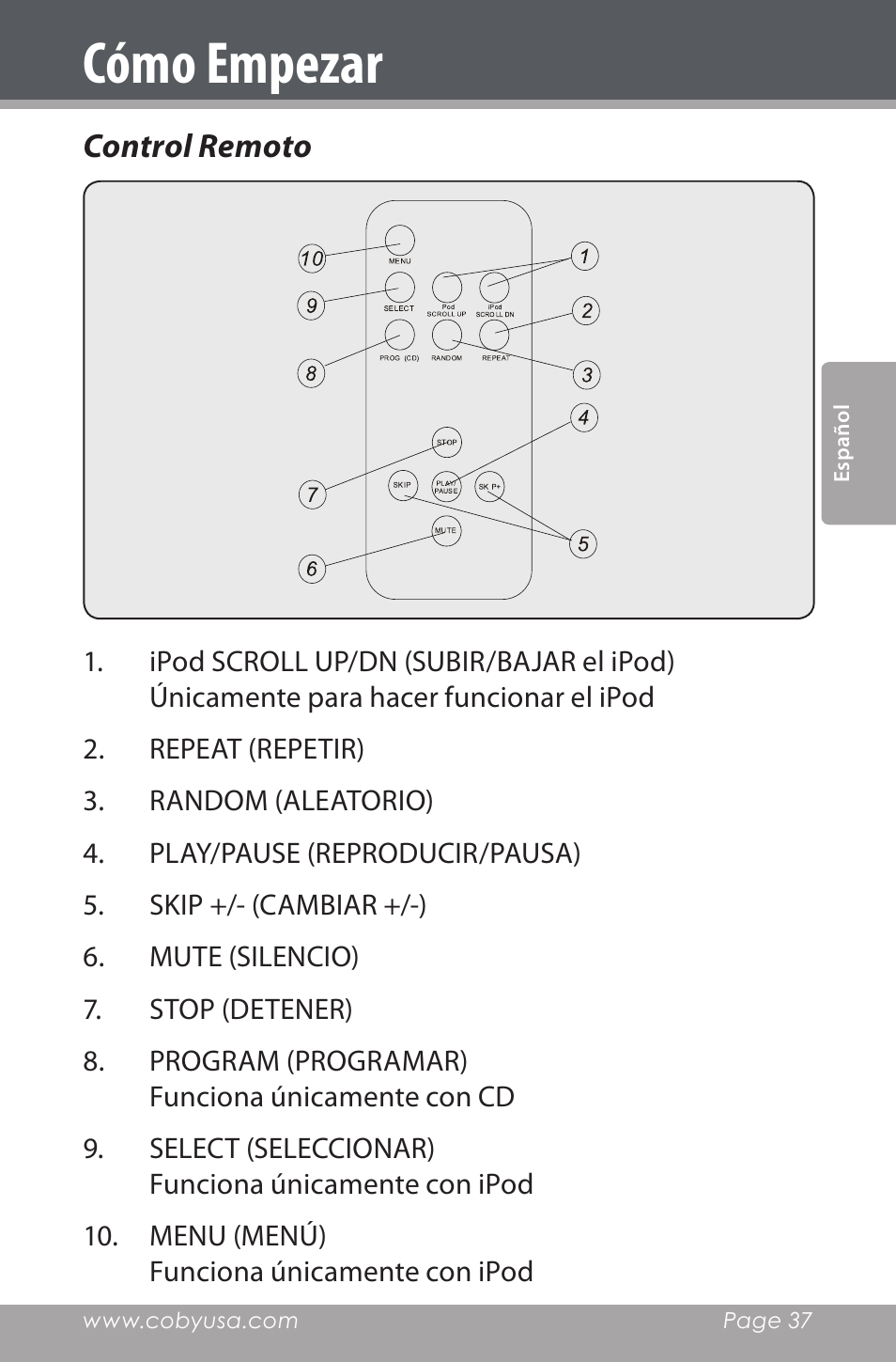 Control remoto, Cómo empezar | COBY electronic CSMP142 User Manual | Page 37 / 88