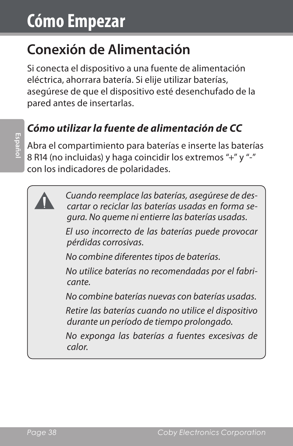 Conexión de alimentación, Cómo utilizar la fuente de alimentación de cc, Cómo empezar | COBY electronic CSMP142 User Manual | Page 38 / 88