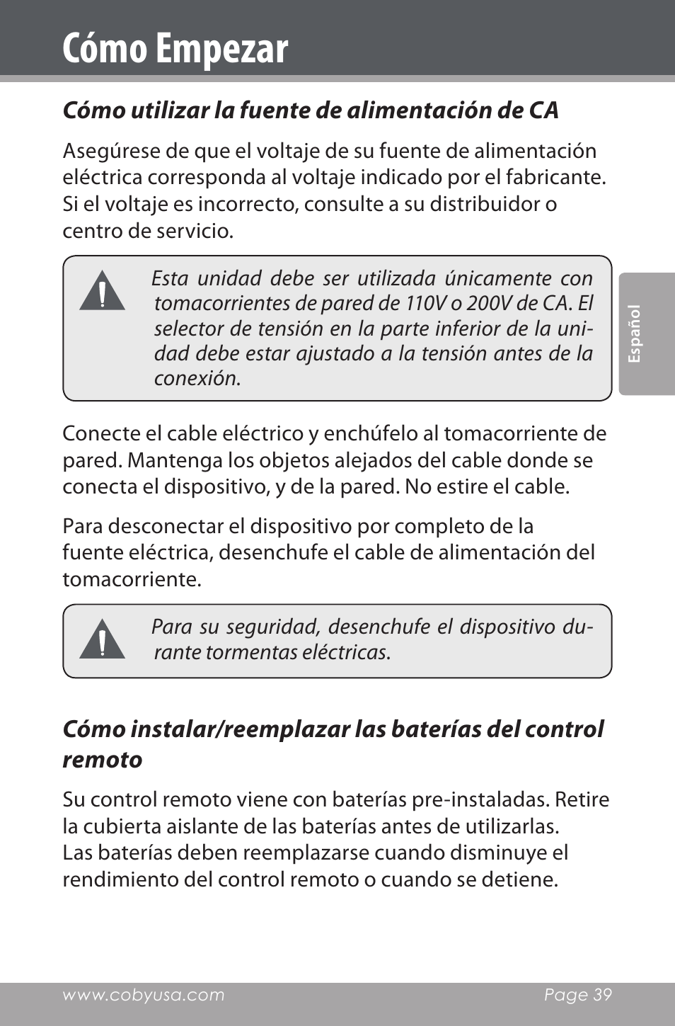 Cómo utilizar la fuente de alimentación de ca, Cómo empezar | COBY electronic CSMP142 User Manual | Page 39 / 88