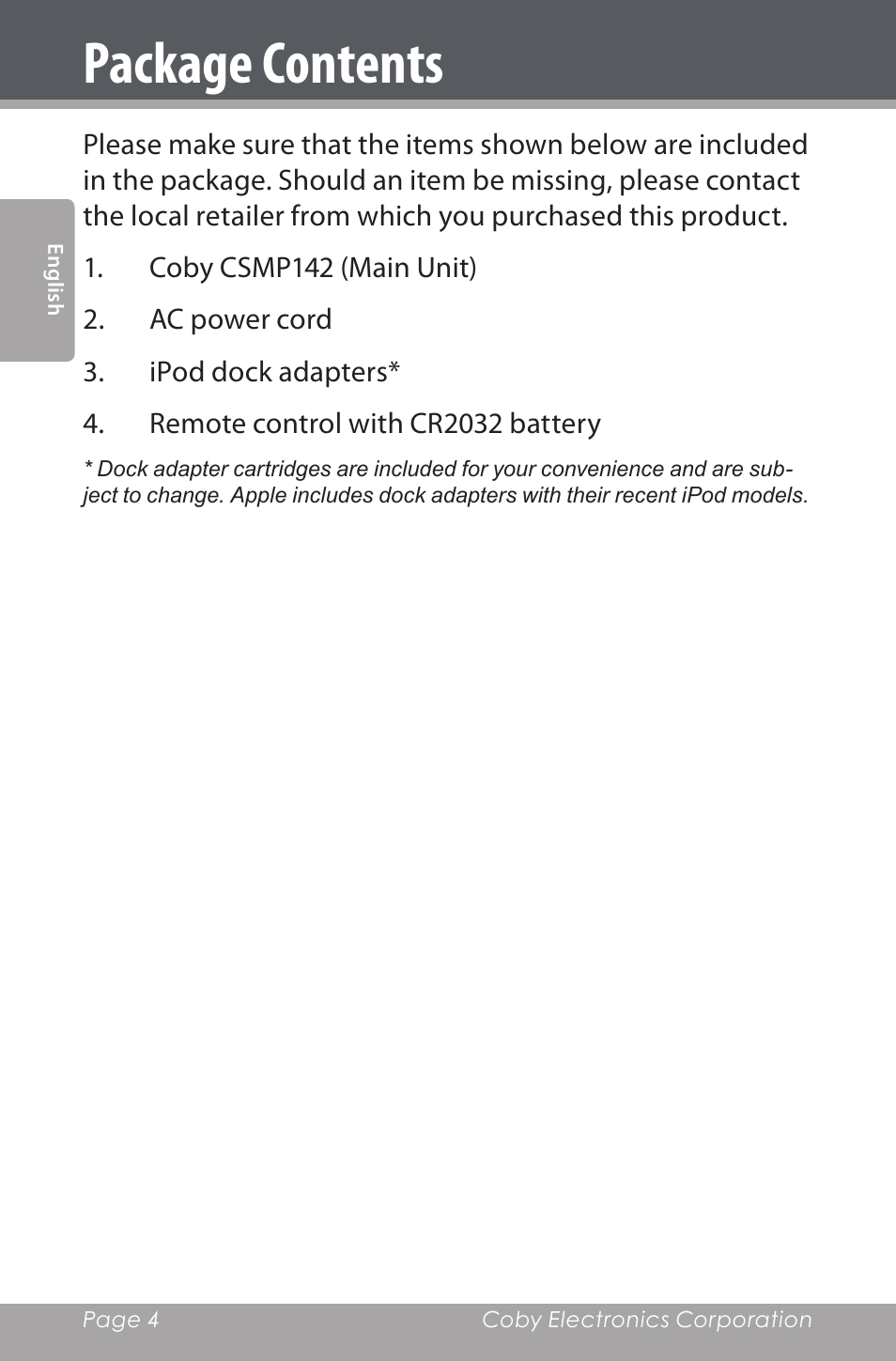 Package contents | COBY electronic CSMP142 User Manual | Page 4 / 88