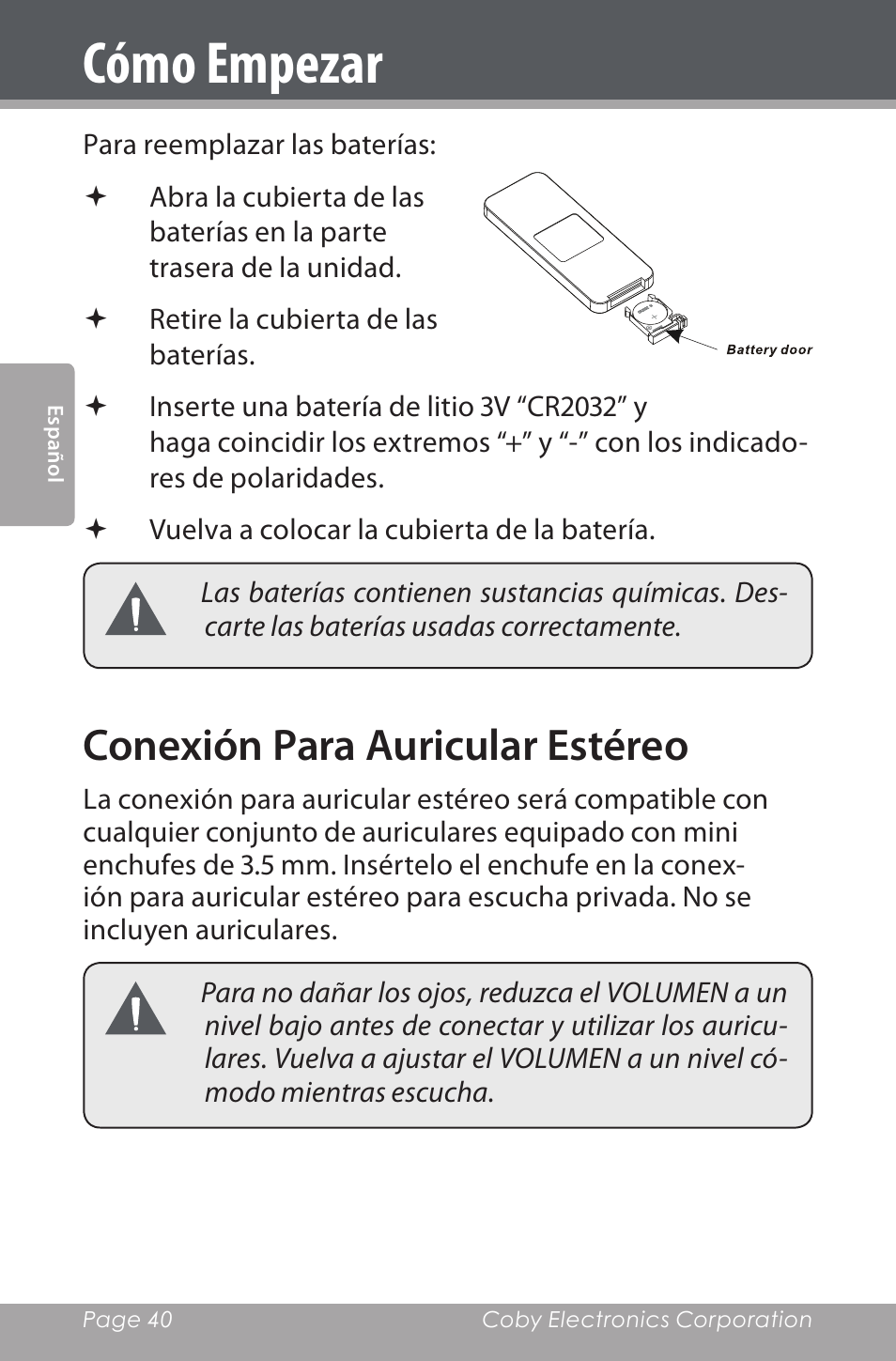 Conexión para auricular estéreo, Cómo empezar | COBY electronic CSMP142 User Manual | Page 40 / 88