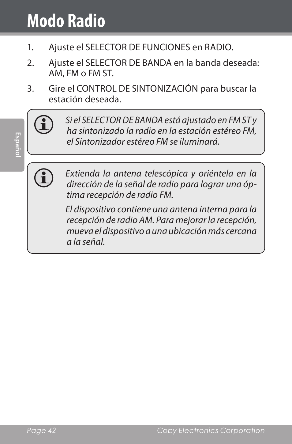 Modo radio | COBY electronic CSMP142 User Manual | Page 42 / 88