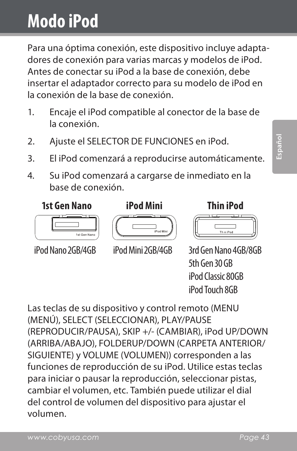 Modo ipod | COBY electronic CSMP142 User Manual | Page 43 / 88