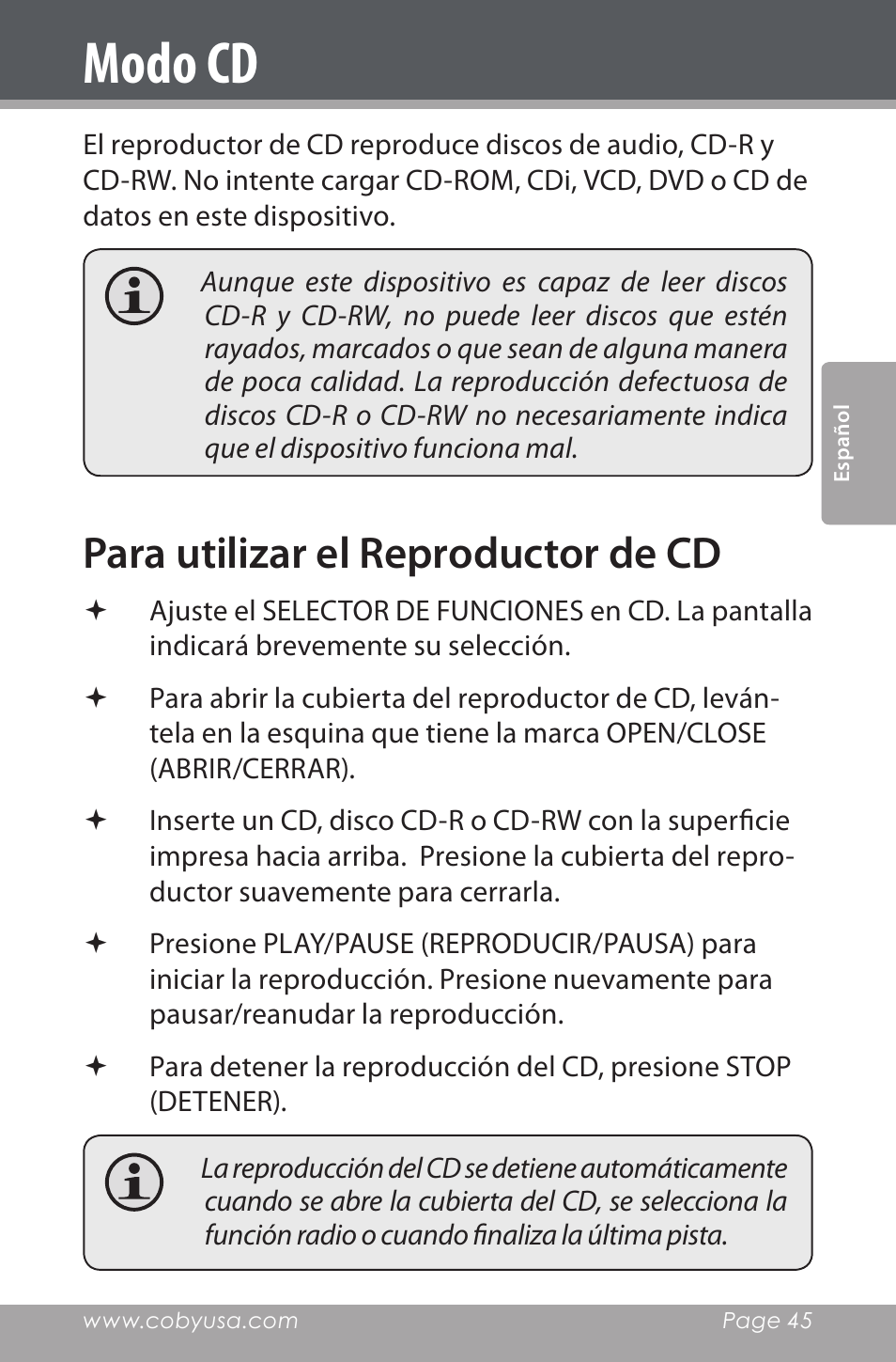 Modo cd, Para utilizar el reproductor de cd | COBY electronic CSMP142 User Manual | Page 45 / 88