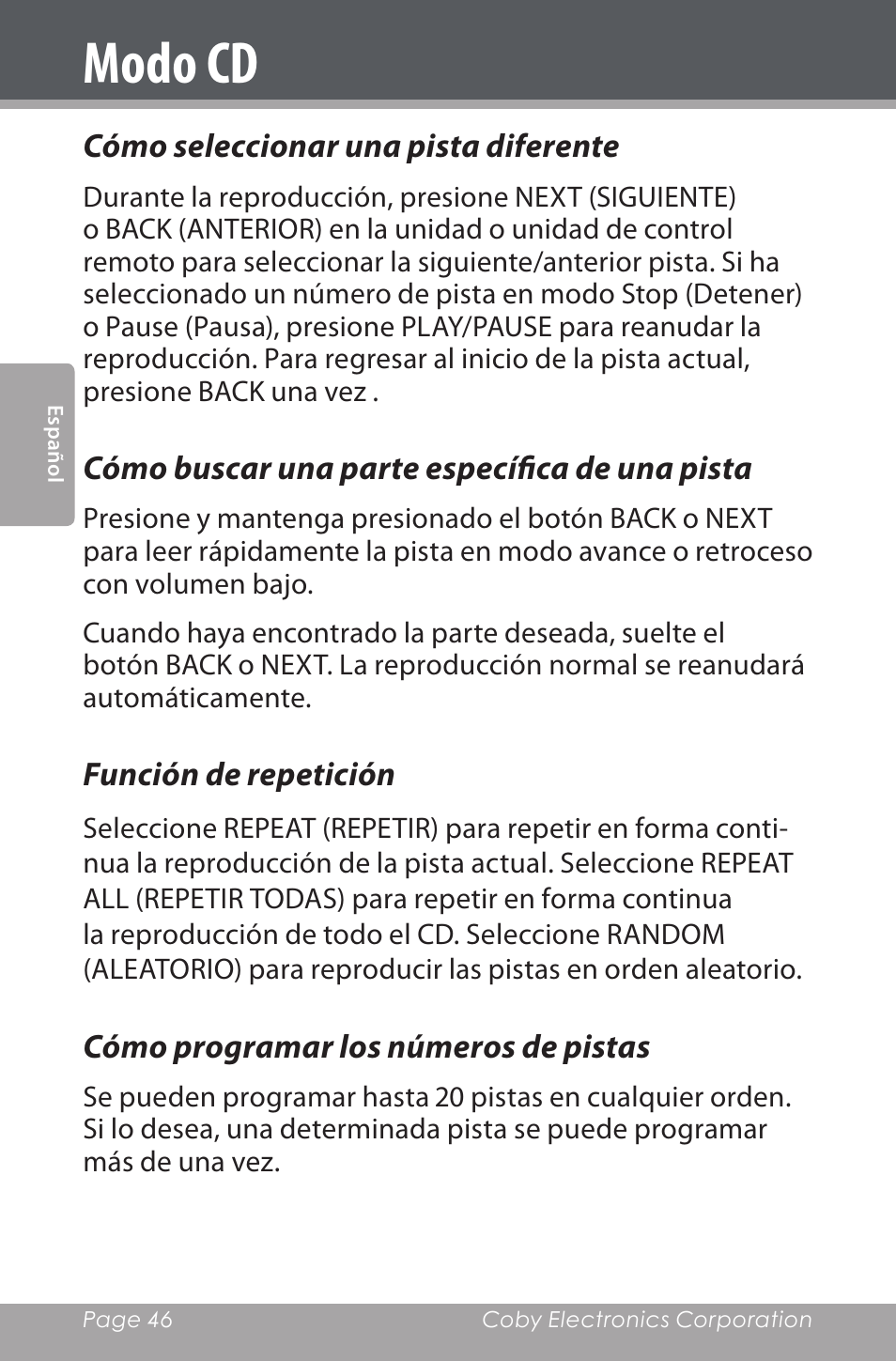 Cómo seleccionar una pista diferente, Cómo buscar una parte específica de una pista, Función de repetición | Cómo programar los números de pistas, Modo cd | COBY electronic CSMP142 User Manual | Page 46 / 88