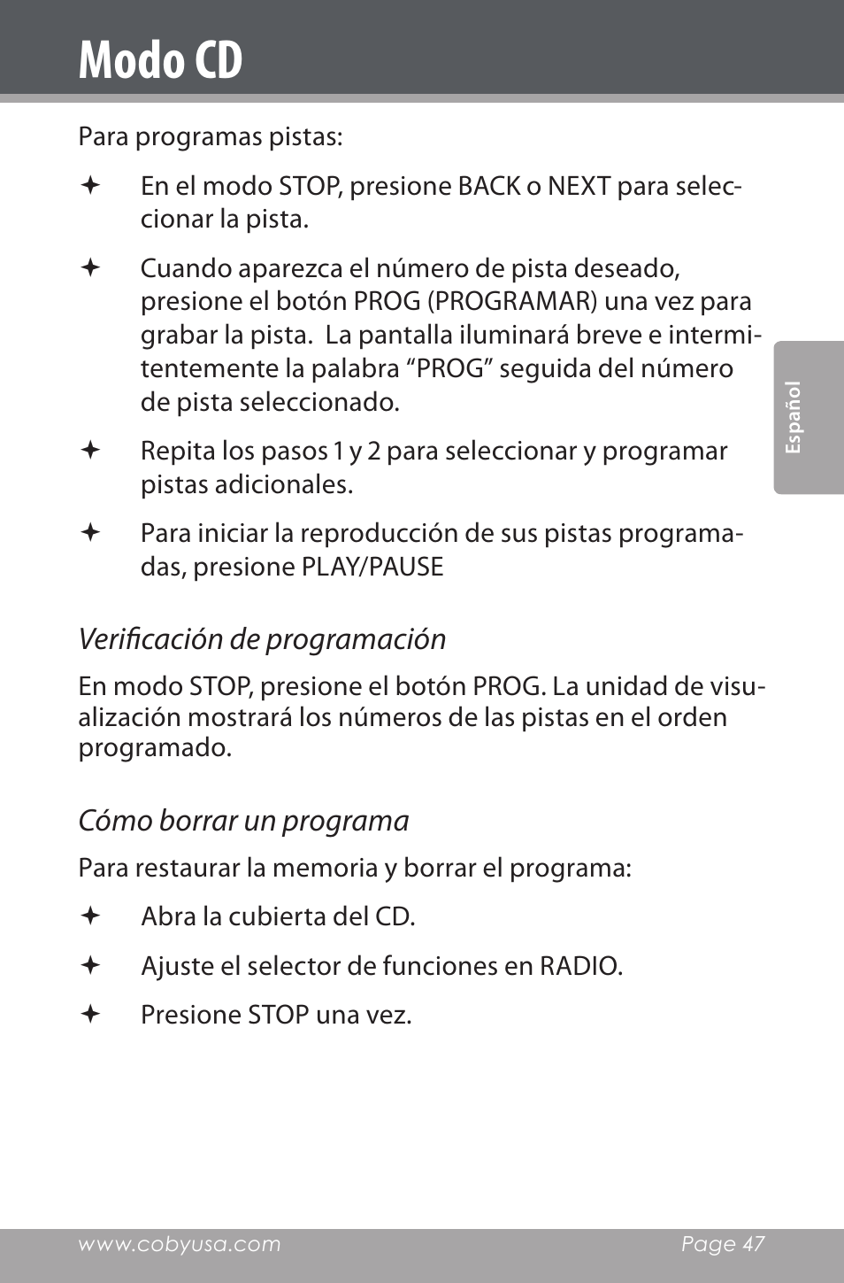 Modo cd | COBY electronic CSMP142 User Manual | Page 47 / 88