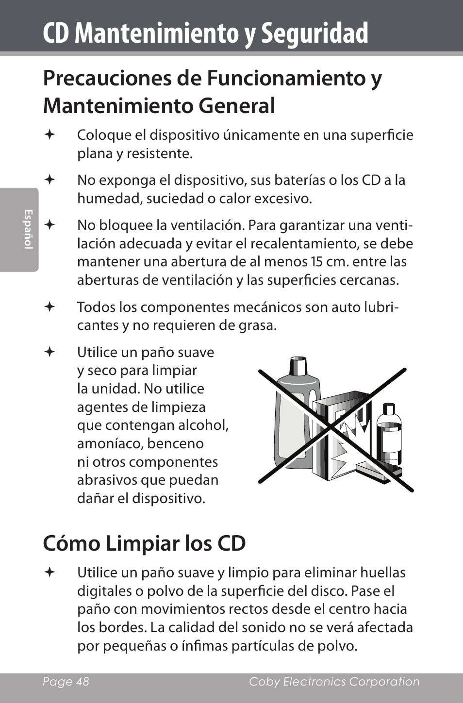 Cd mantenimiento y seguridad, Cómo limpiar los cd | COBY electronic CSMP142 User Manual | Page 48 / 88