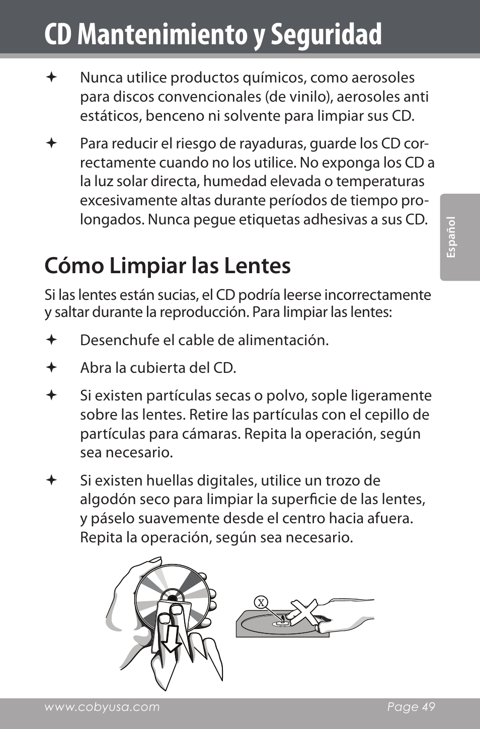 Cómo limpiar las lentes, Cd mantenimiento y seguridad | COBY electronic CSMP142 User Manual | Page 49 / 88