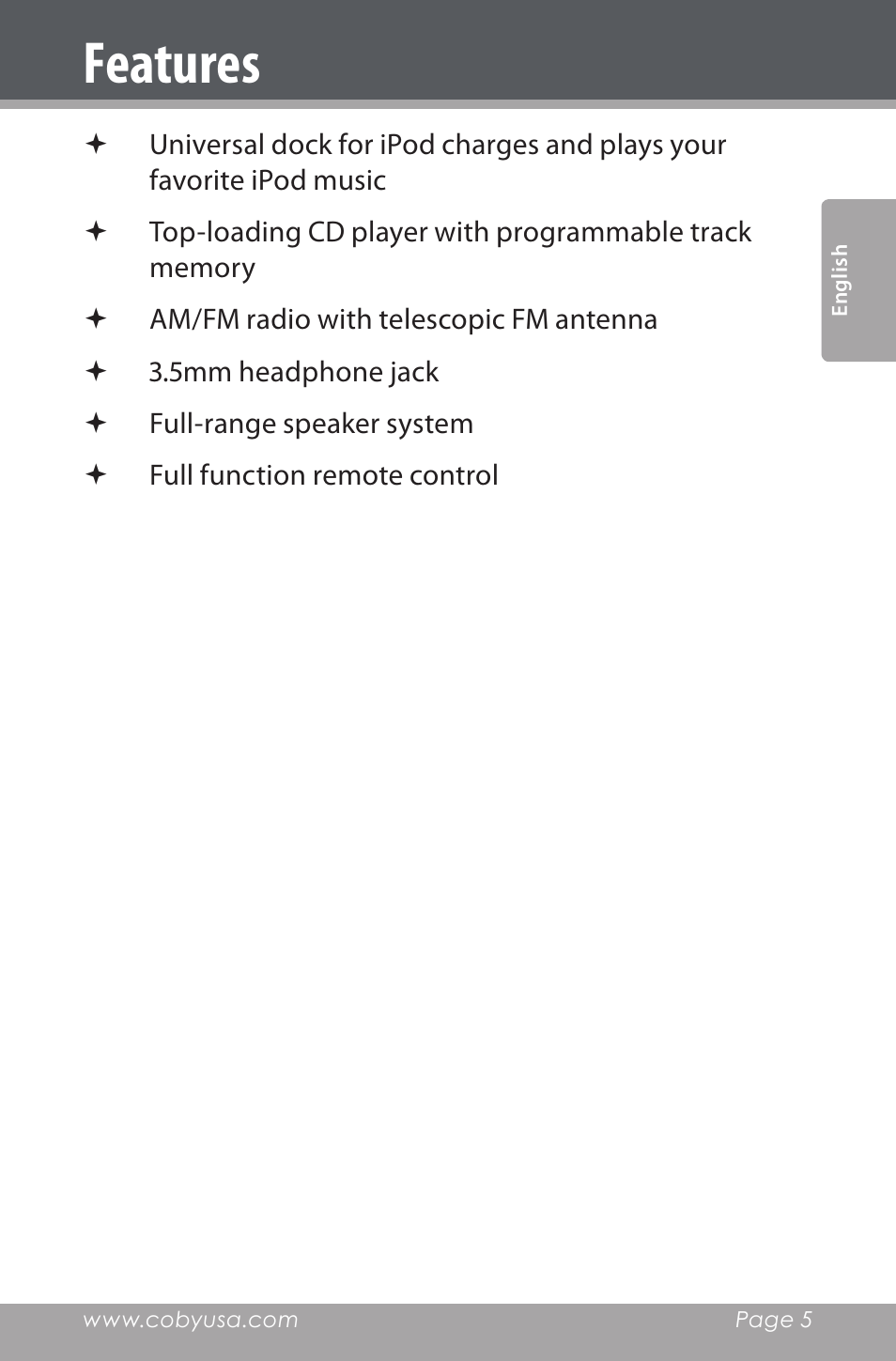 Features | COBY electronic CSMP142 User Manual | Page 5 / 88