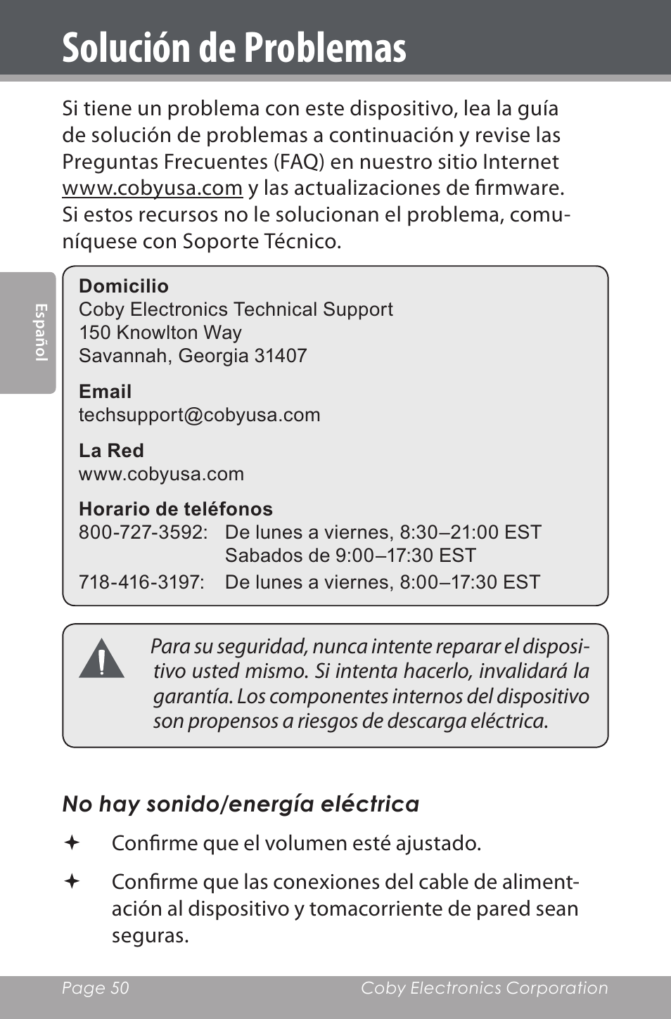 Solución de problemas | COBY electronic CSMP142 User Manual | Page 50 / 88