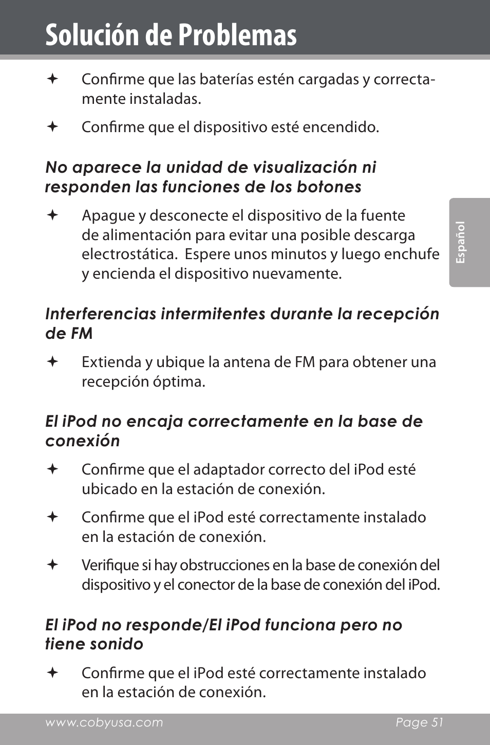 Solución de problemas | COBY electronic CSMP142 User Manual | Page 51 / 88