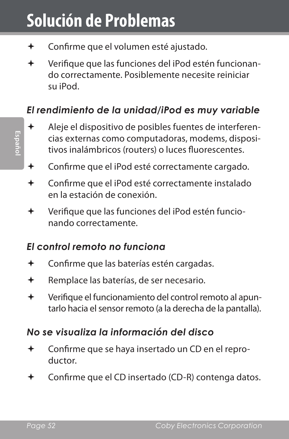 Solución de problemas | COBY electronic CSMP142 User Manual | Page 52 / 88