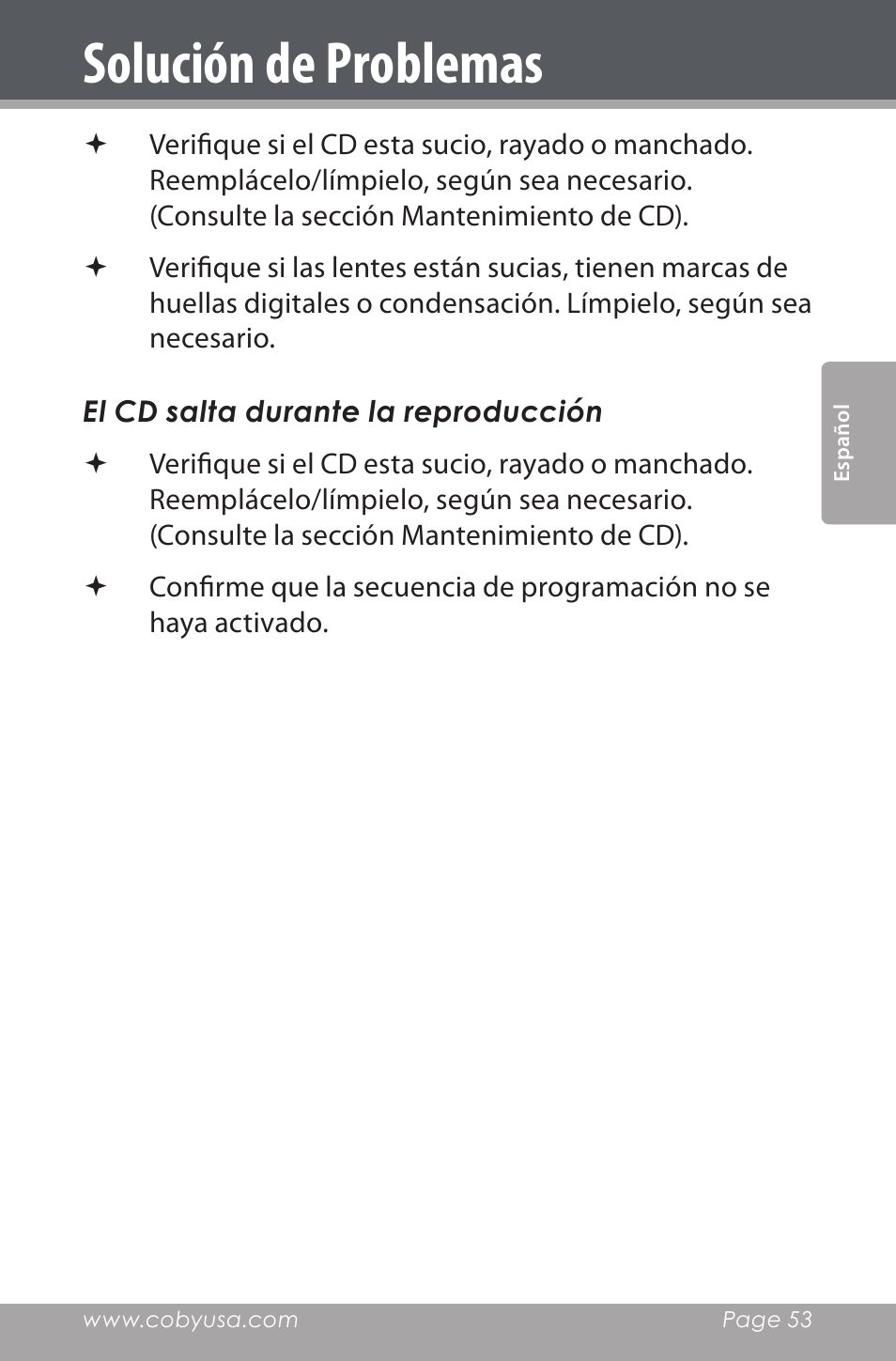 Solución de problemas | COBY electronic CSMP142 User Manual | Page 53 / 88