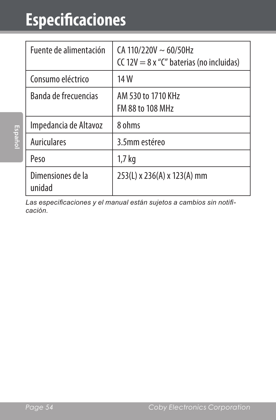 Especificaciones | COBY electronic CSMP142 User Manual | Page 54 / 88