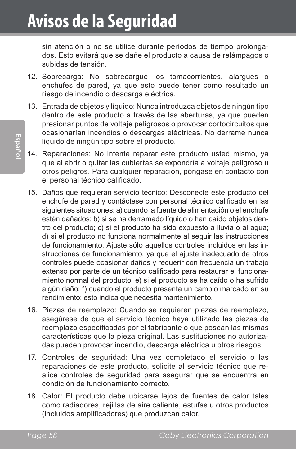 Avisos de la seguridad | COBY electronic CSMP142 User Manual | Page 58 / 88
