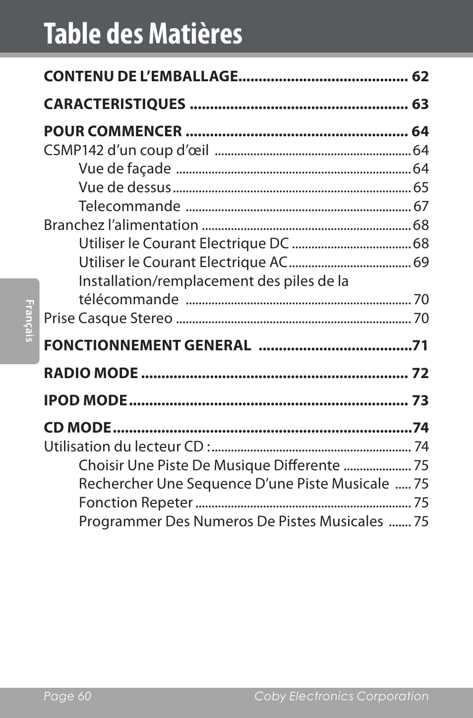 COBY electronic CSMP142 User Manual | Page 60 / 88