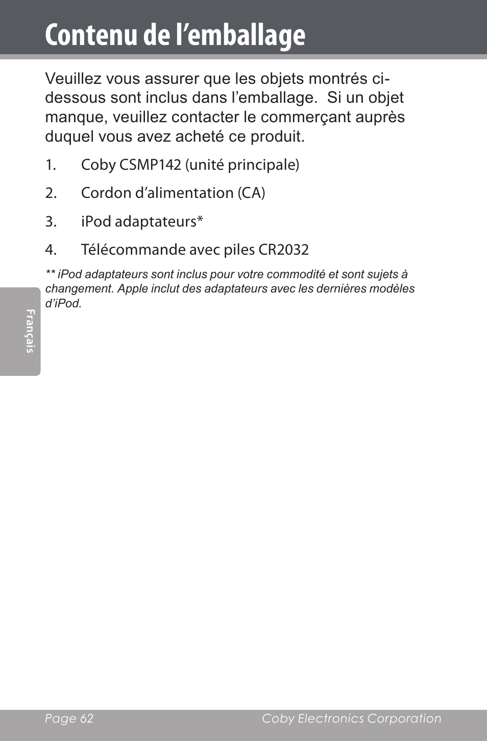 Contenu de l’emballage | COBY electronic CSMP142 User Manual | Page 62 / 88