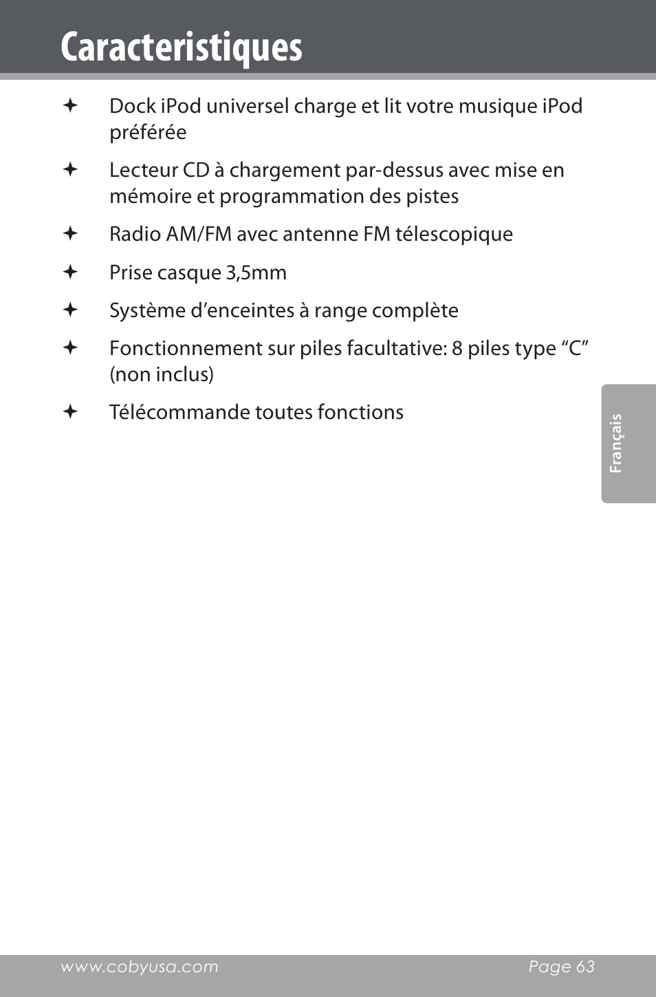 Caracteristiques | COBY electronic CSMP142 User Manual | Page 63 / 88