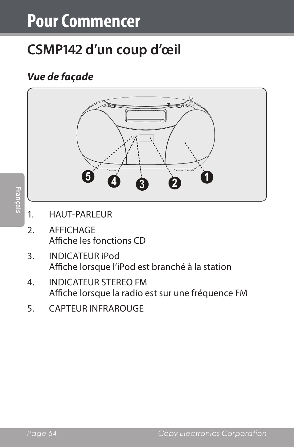Pour commencer, Csmp140 d’un coup d’œil, Vue de façade | Csmp142 d’un coup d’œil | COBY electronic CSMP142 User Manual | Page 64 / 88