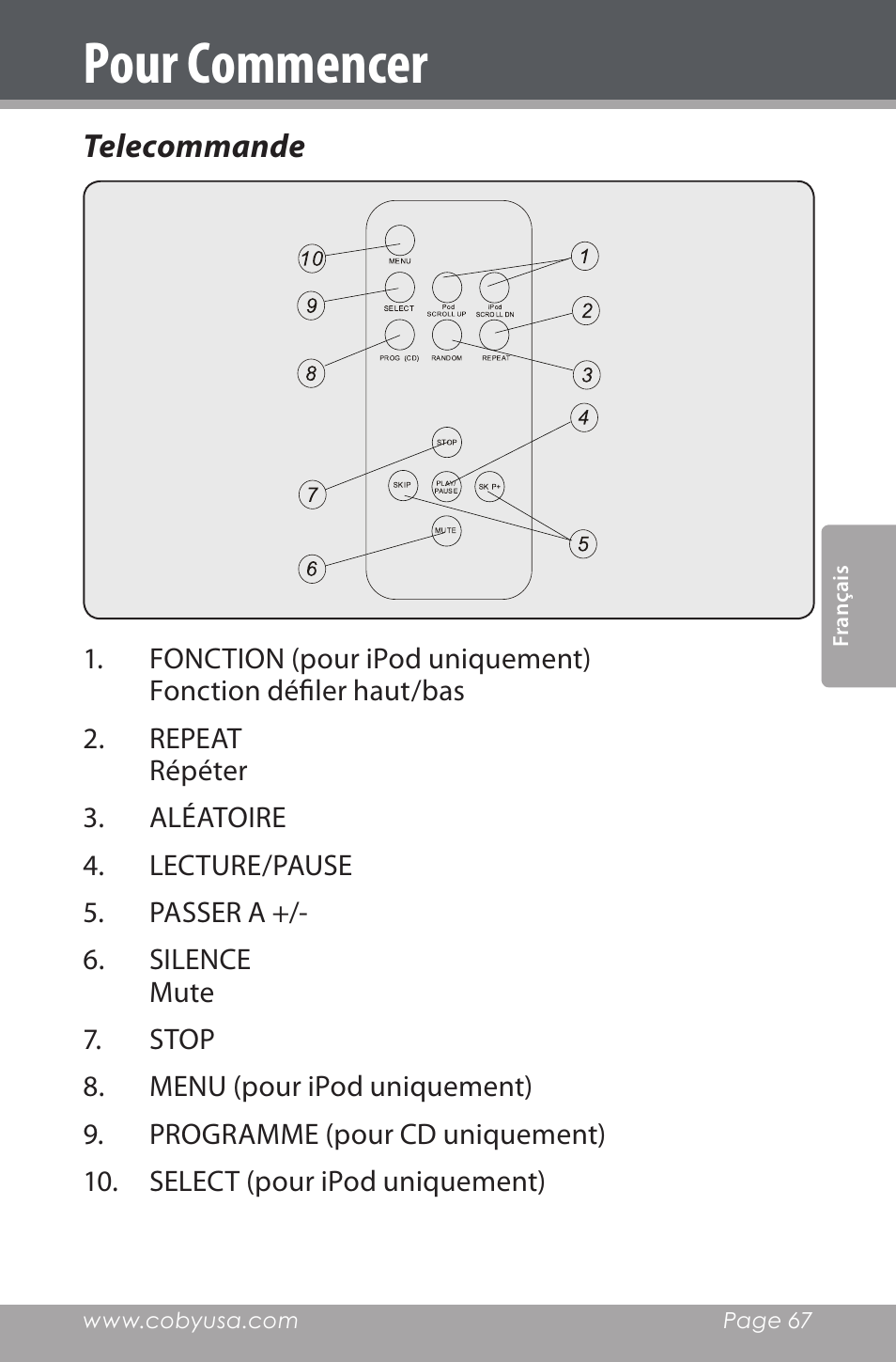 Telecommande, Pour commencer | COBY electronic CSMP142 User Manual | Page 67 / 88