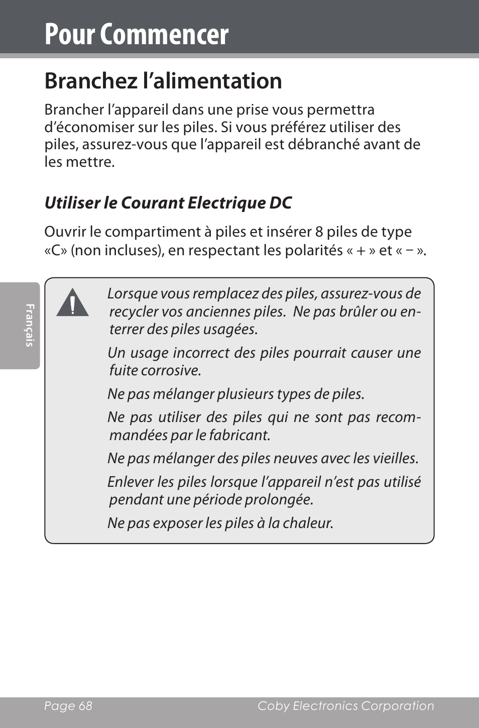 Branchez l’alimentation, Utiliser le courant electrique dc, Pour commencer | COBY electronic CSMP142 User Manual | Page 68 / 88