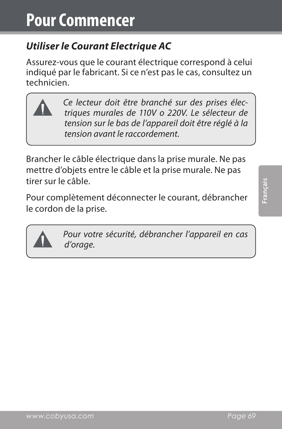 Utiliser le courant electrique ac, Pour commencer | COBY electronic CSMP142 User Manual | Page 69 / 88