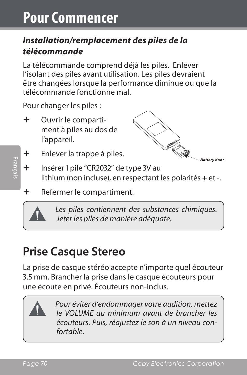 Prise casque stereo, Pour commencer | COBY electronic CSMP142 User Manual | Page 70 / 88