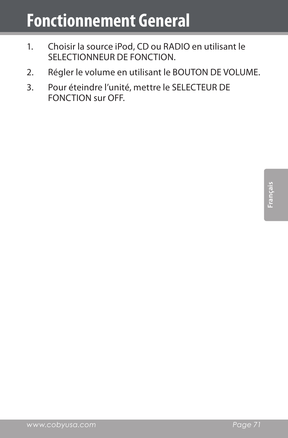 Fonctionnement general | COBY electronic CSMP142 User Manual | Page 71 / 88