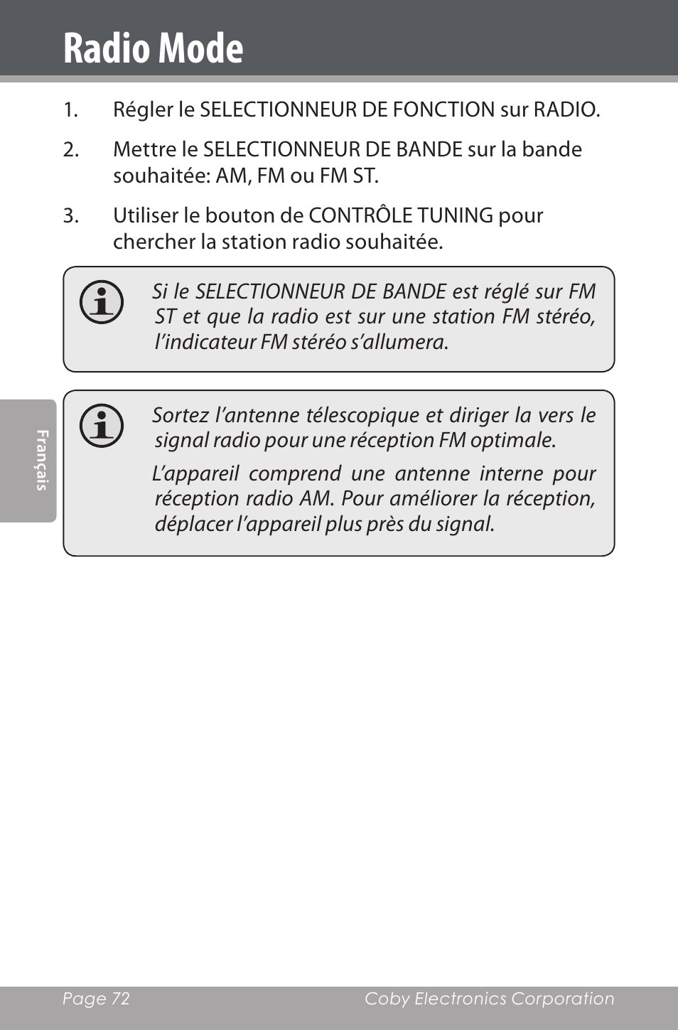 Radio mode | COBY electronic CSMP142 User Manual | Page 72 / 88