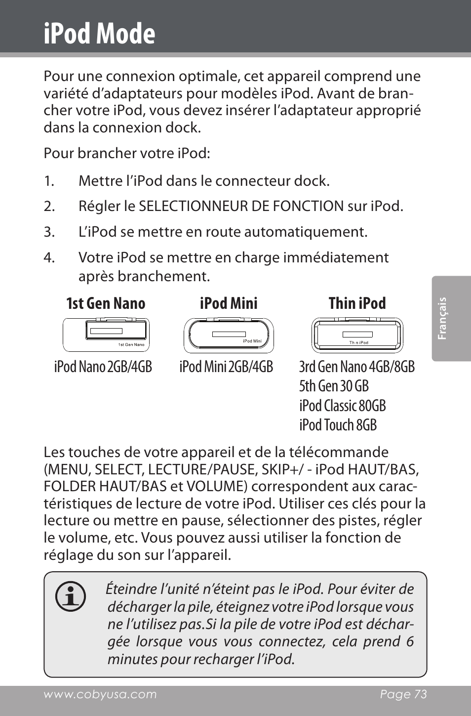 Ipod mode | COBY electronic CSMP142 User Manual | Page 73 / 88