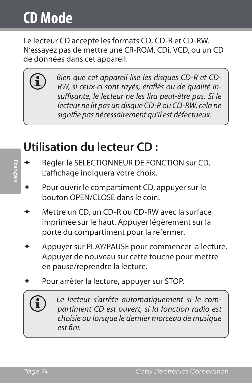 Cd mode, Utilisation du lecteur cd | COBY electronic CSMP142 User Manual | Page 74 / 88